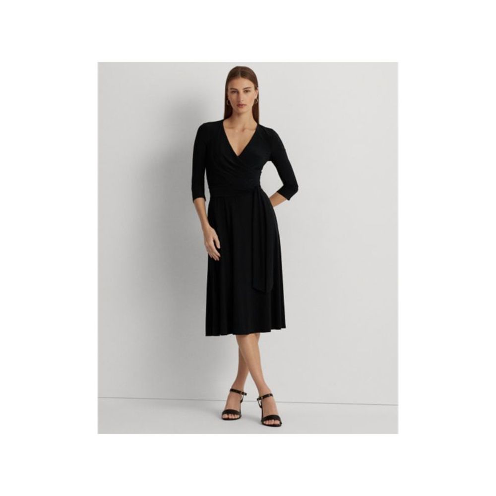 RALPH LAUREN Womens Black Belted 3/4 Sleeve Below The Knee Fit + Flare Dress 6